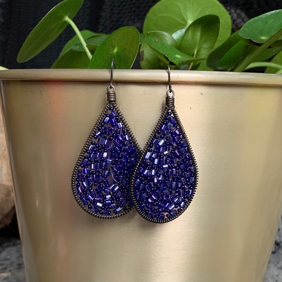 Purple Beaded Teardrop Earrings - Picture 2 of 2